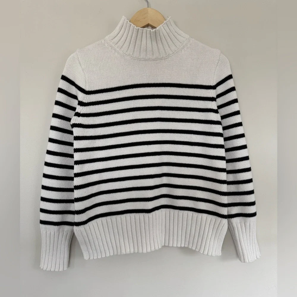 J. Crew Cotton Turtleneck Sweater Black & White Stripe Size XS - Picture 2 of 8